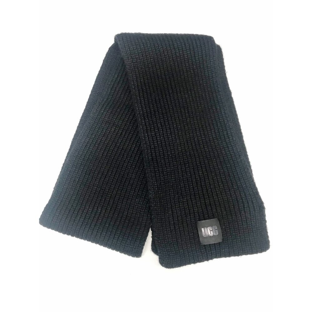 Ugg Scarf Womens OS Black Wool Blend Chunky Knit Cozy Winter Logo 76 X 8 Inches